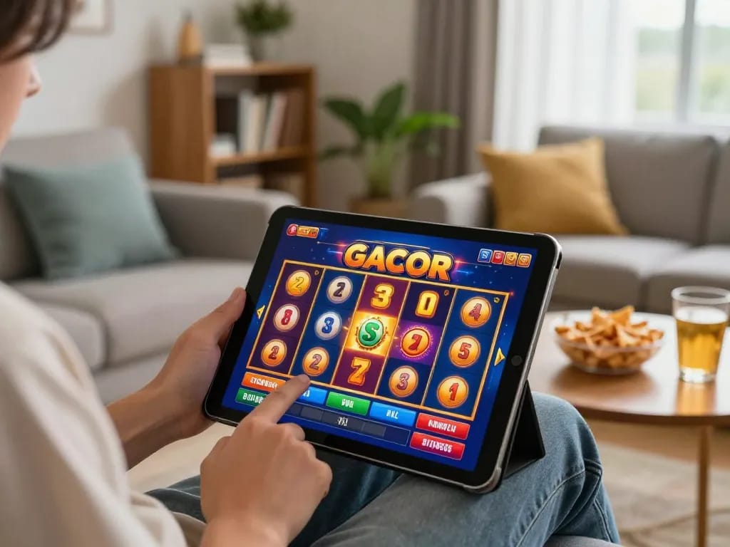 Engaging in a slot gacor game on a tablet, showcasing vibrant reels and a cozy home setting.