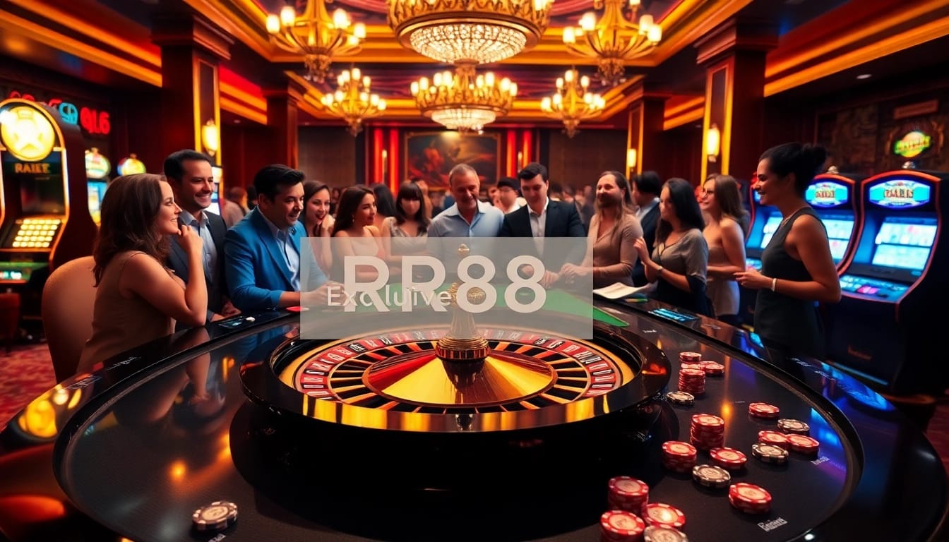 Players celebrating wins at RR88’s luxurious casino venue with roulette and slot machines.