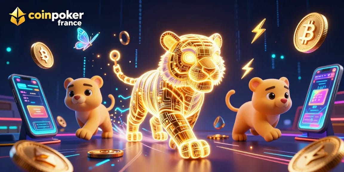 Découvrez CoinPoker France dans un casino numérique animé avec des éléments de cryptomonnaie.