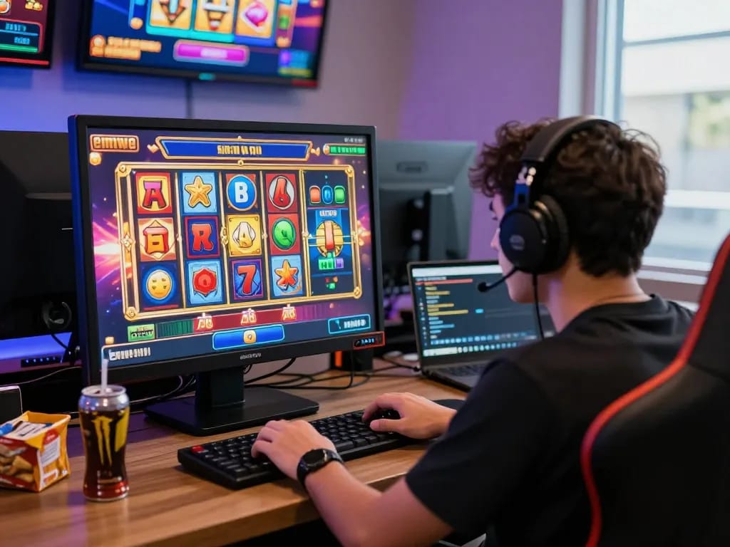 Player engaging with link gacor slot games on a vibrant gaming setup.