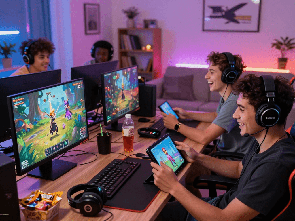 Players enjoying an adult game on multiple devices in a lively gaming environment.