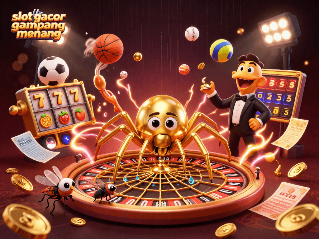 Engage with "slot gacor gampang menang" through this vibrant 3D illustration of a spider spinning a roulette wheel web.