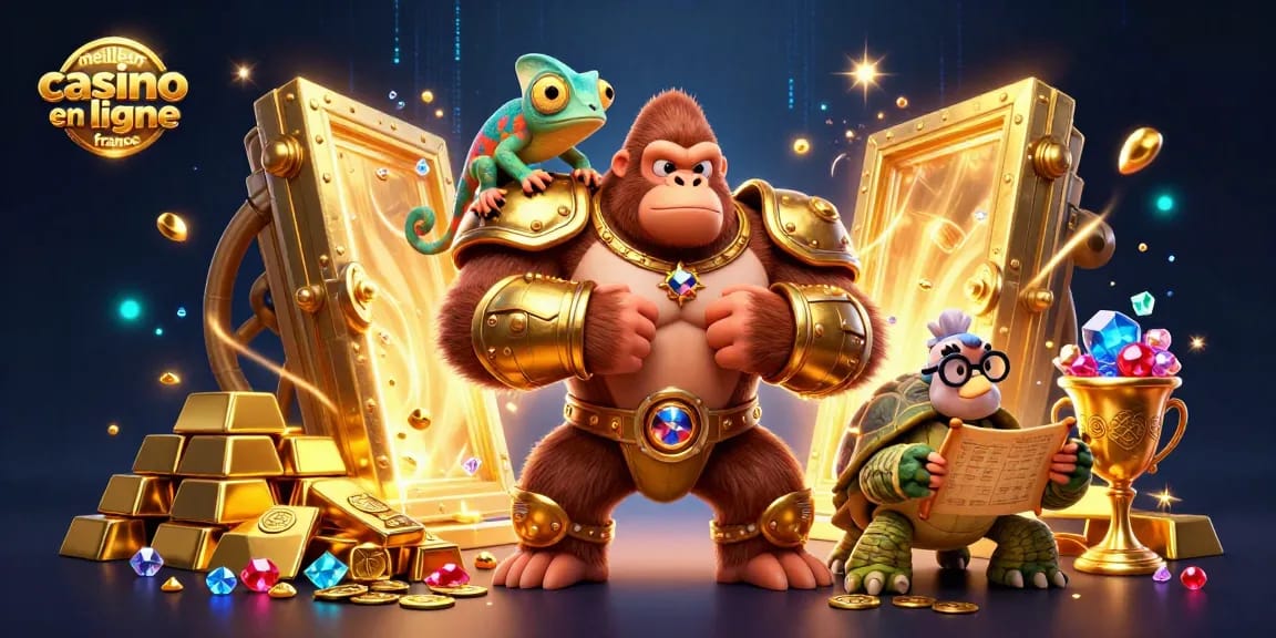 Visualisez le meilleur casino en ligne France avec un roi gorille et des trésors scintillants.