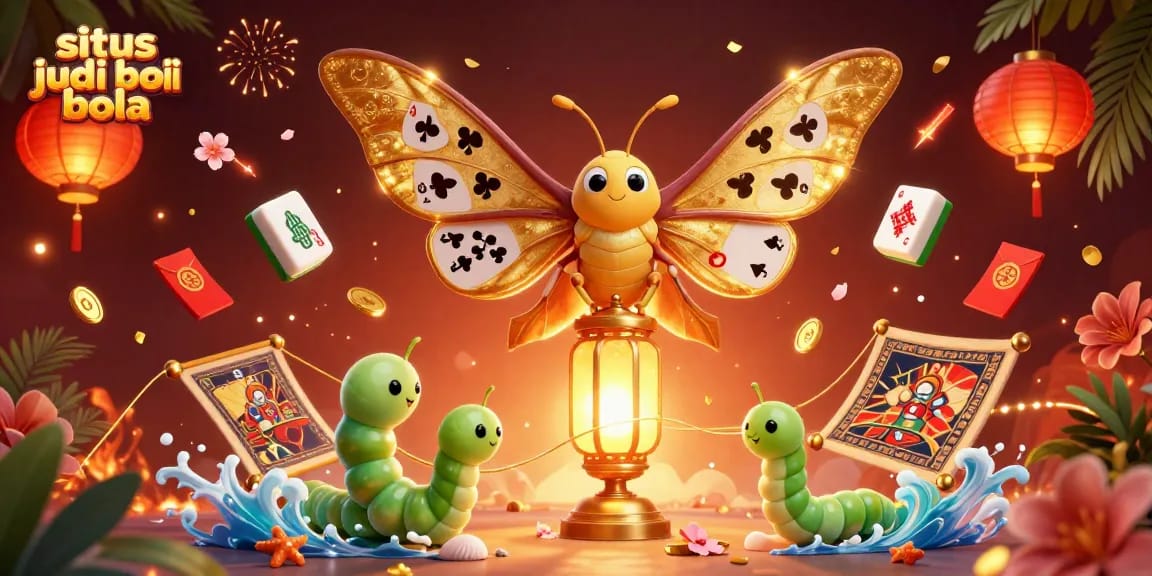 Engage in situs judi bola with this dynamic scene showcasing a vibrant atlas moth and casino elements.
