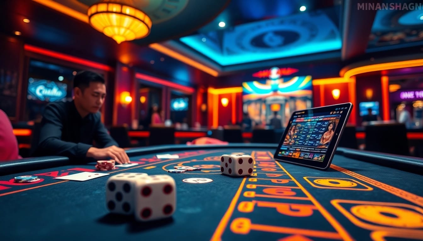 Engaging players in a thrilling game tài xỉu md5 at a vibrant casino table with colorful chips.