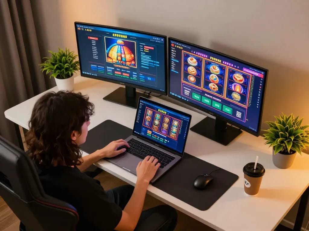 Fly88 online casino setup showcasing immersive gameplay on laptop with vibrant slot visuals
