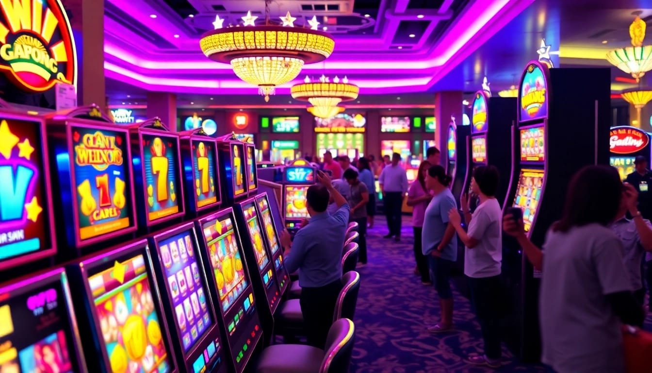 Menikmati keseruan bermain slot gacor di mesin slot berwarna-warni dengan pemain yang merayakan kemenangan.