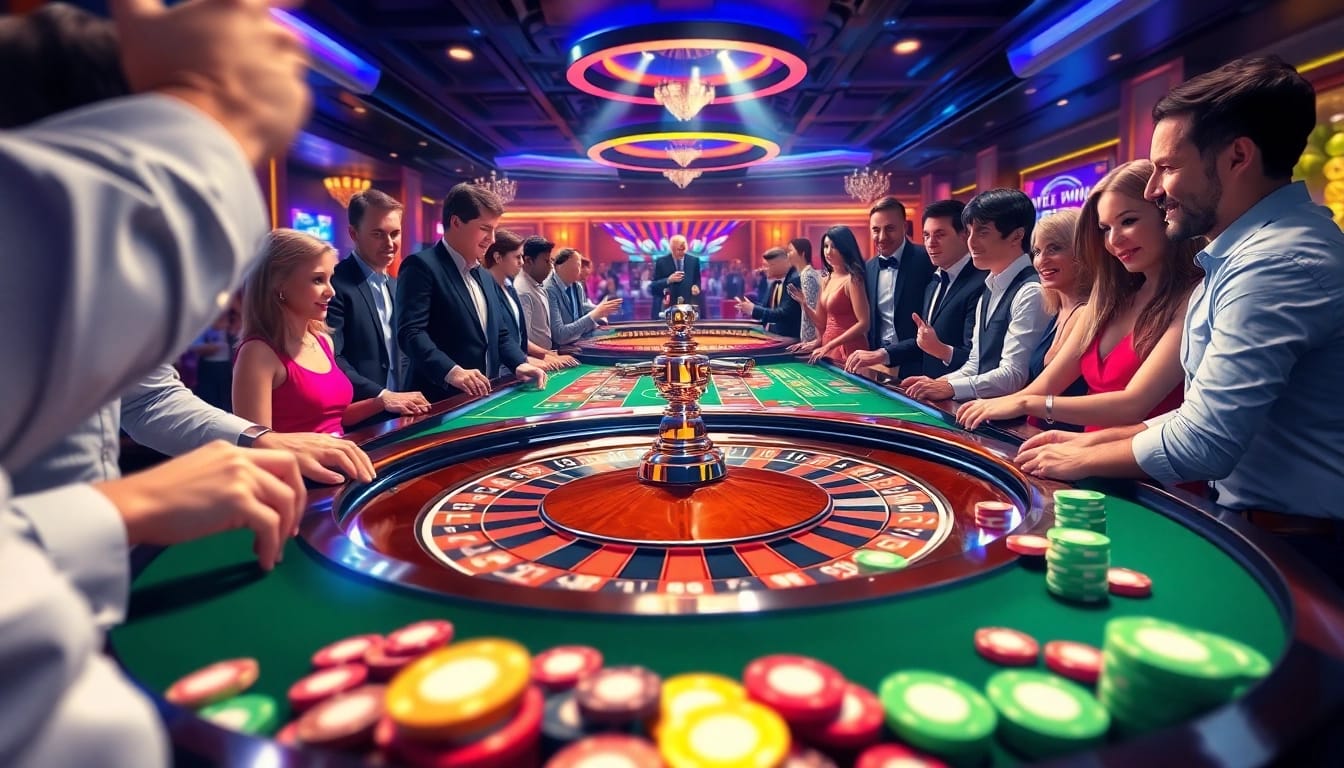 Para pemain bersemangat menikmati permainan interwin di meja roulette yang berwarna-warni.