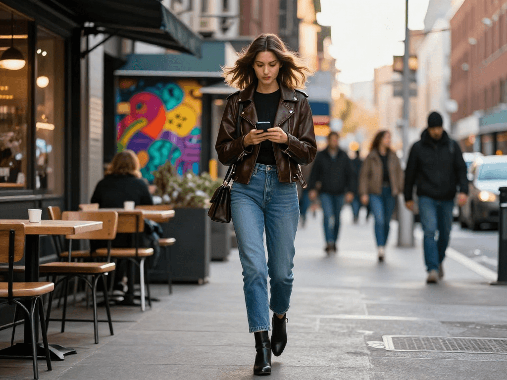 Stylish woman in trendy leather jackets for women walking in urban street.