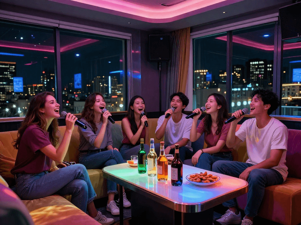 강남 타이밍을 즐기는 친구들, 모던한 가라오케 룸에서 노래하며 즐거운 분위기를 만끽합니다.