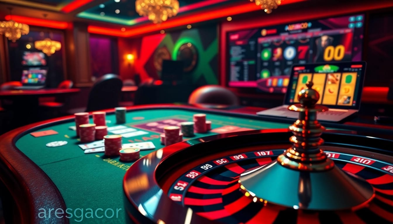 Experience the thrill of winning at ARESGACOR with vibrant casino gaming elements like roulette and poker.