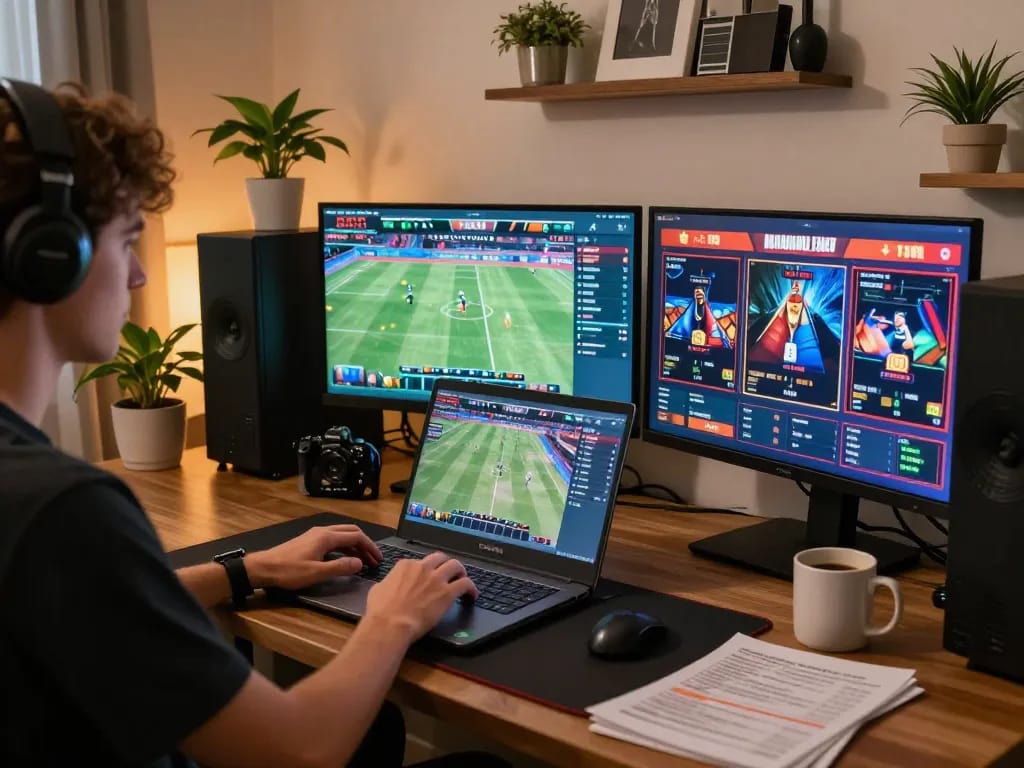 Engaged player using TR88 COM for online gambling on laptop in a cozy home setting