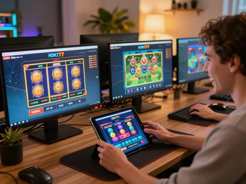 Terlibat dalam permainan slot langsung di platform HOKI77 dari rumah, menampilkan pengaturan permainan online yang imersif.