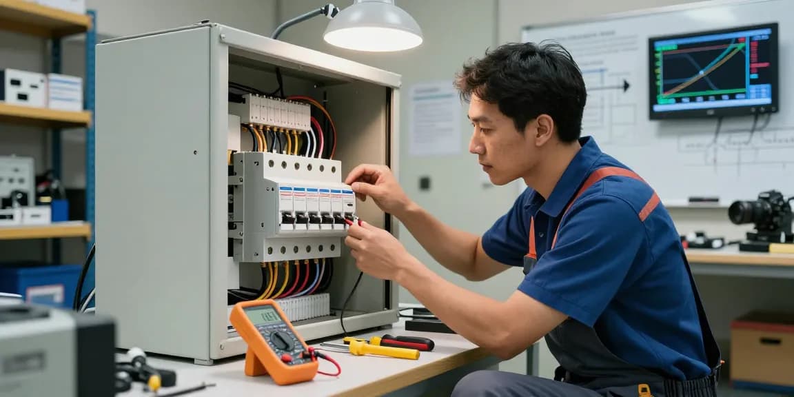 Electrician expertly examining an air circuit breaker in a professional workshop.