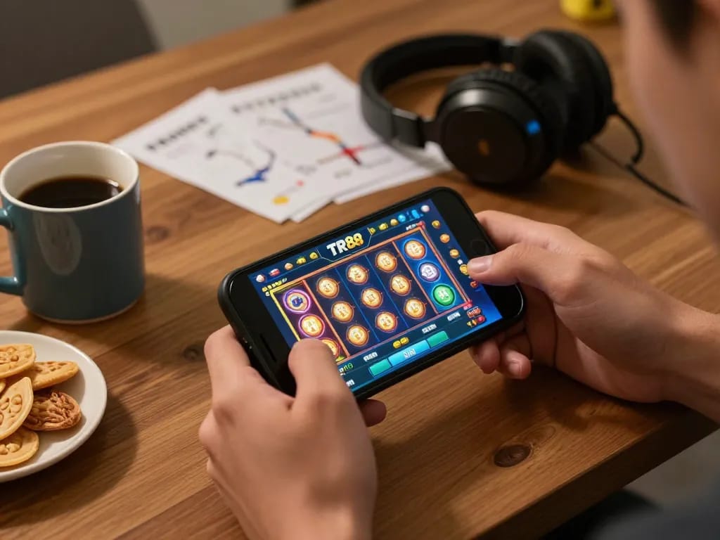 Engaging online gameplay on TR88 casino platform with vibrant slot game visuals and cozy home setup