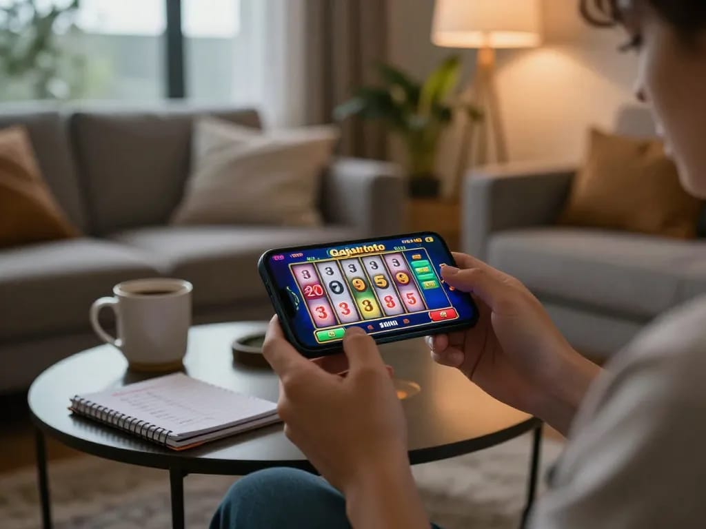 Playing Gajahtoto on a smartphone, showcasing an engaging casino gameplay experience in a cozy home setting