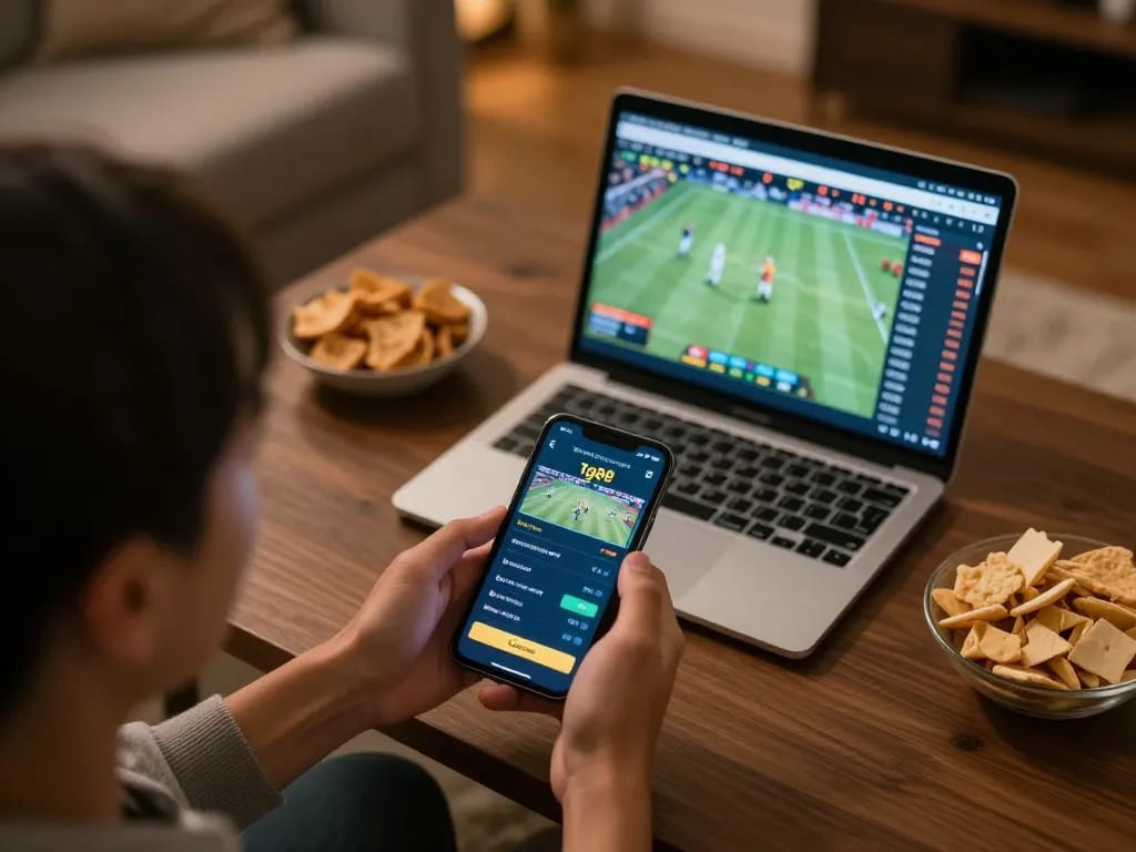 TG88 sports betting scene showing a user actively placing bets on their smartphone while enjoying a match in a cozy setting