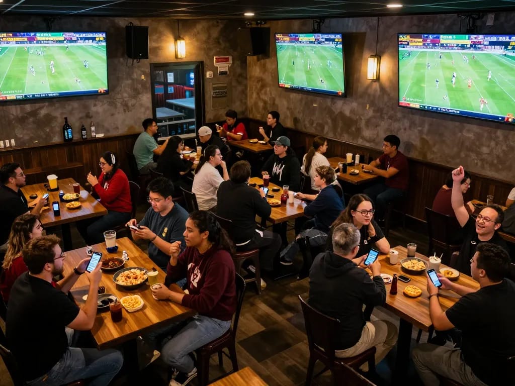 KQBD fans cheering and celebrating live football scores in a lively sports bar setting