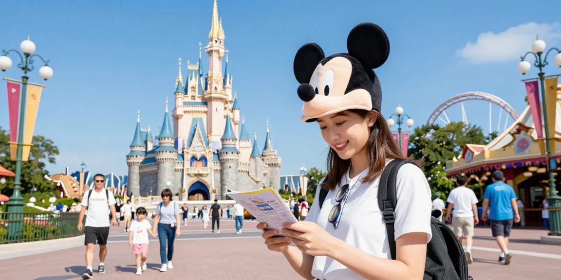 Engaging scene of a traveler using a disney travel agent crm at a Disney park, showcasing fun and organization.