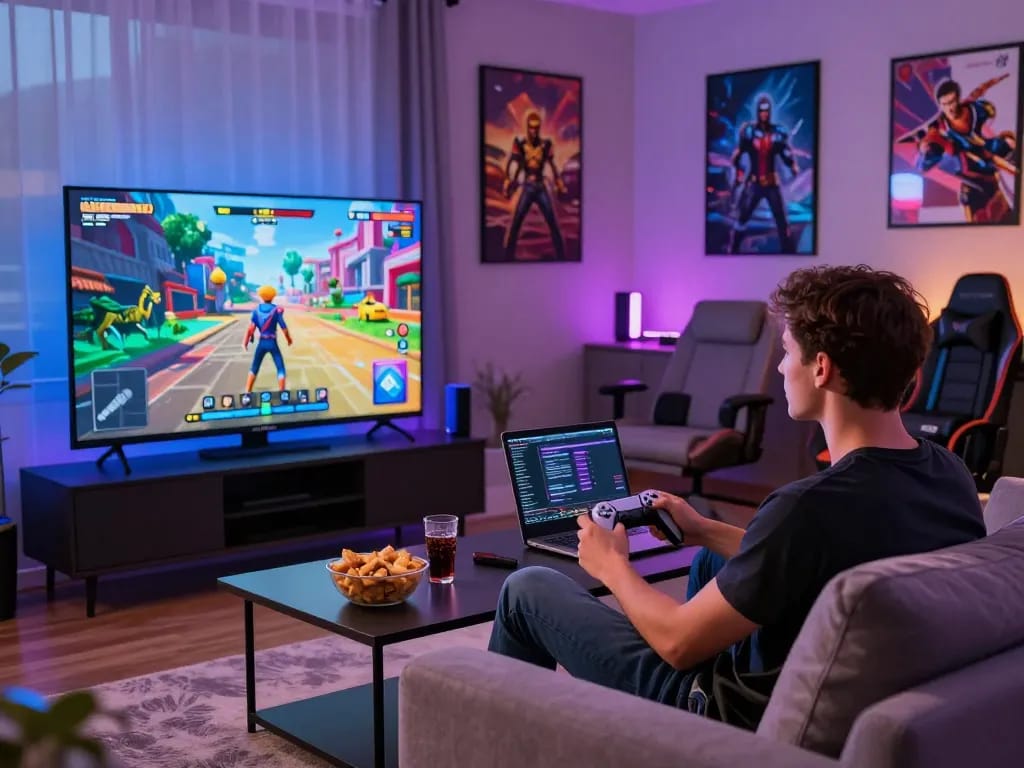 Engaging man playing a porn game online in a modern living room setup with vibrant graphics.