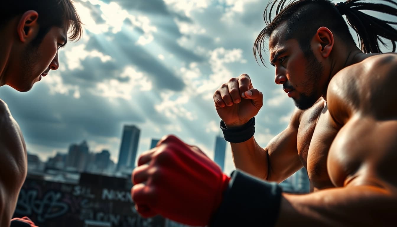 Capture a thrilling Martial Arts Thriller duel between two expert fighters in an urban setting.
