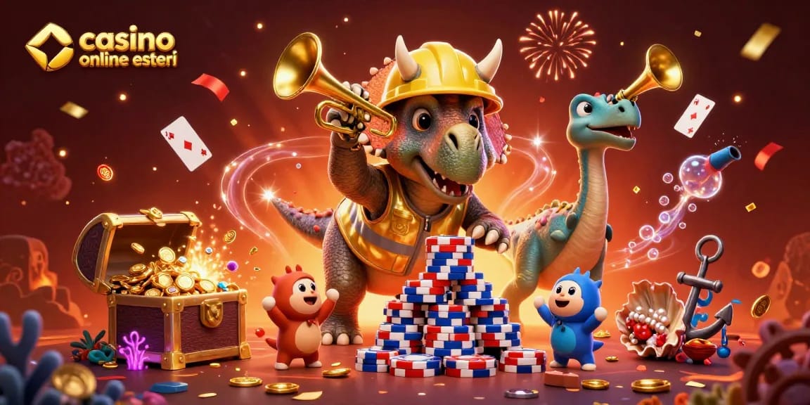 Gioca nei migliori casinò online esteri con un'affascinante illustrazione di un triceratopo e un parasaurolophus.