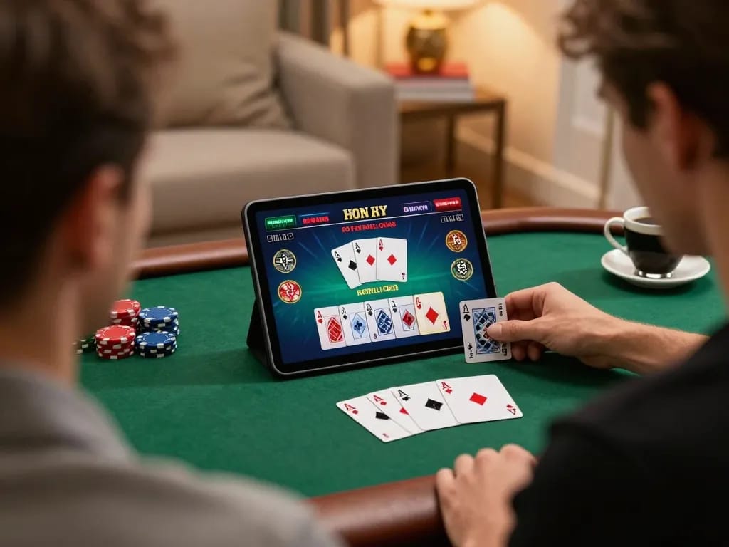 Engaging poker gameplay on a tablet in a cozy setting, featuring 79kingvnc for a strategic online gaming experience.