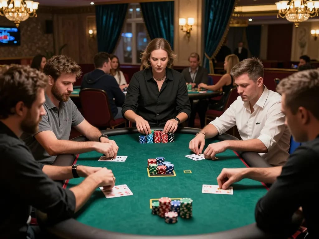 C168 poker game in a luxury casino with players assessing their hands amid colorful chips.