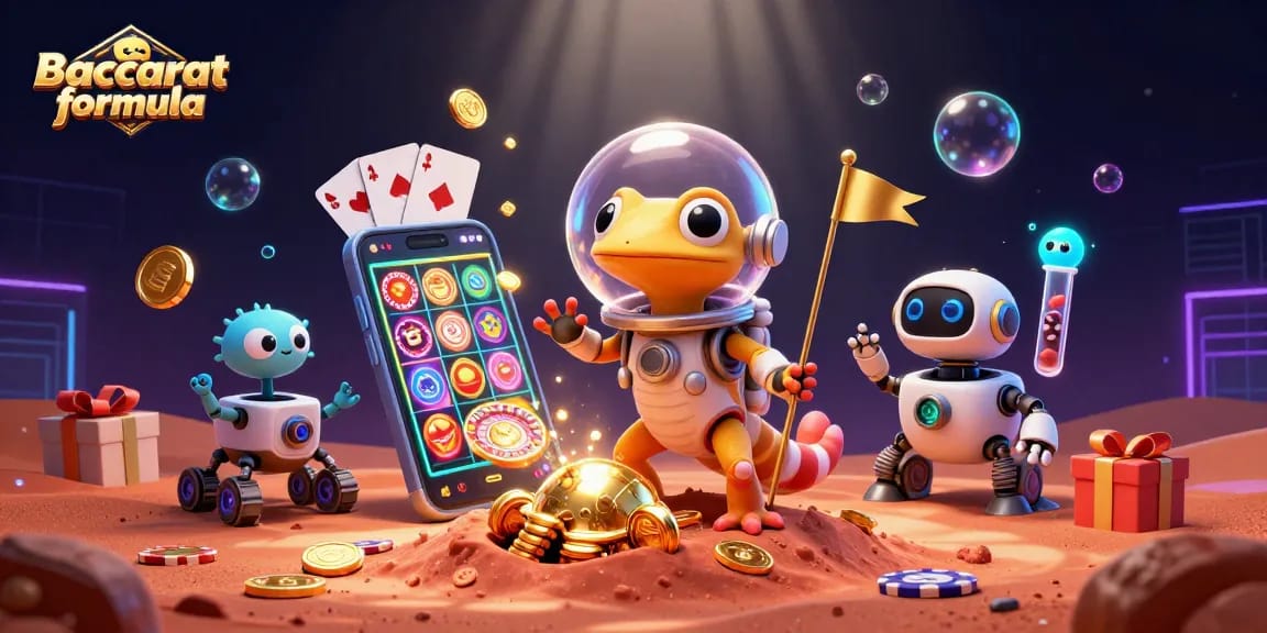 Discovering the Baccarat formula in a creative casino scene with a Martian gecko and gaming elements.