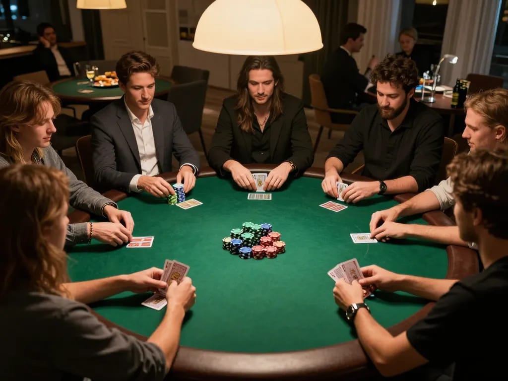 winstrike69 gamers enjoying a lively poker night with friends at home, showcasing strategic gameplay and social interaction