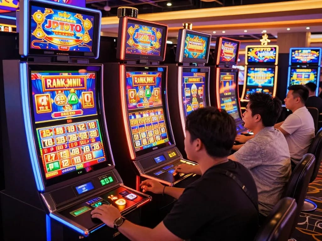 Exciting players pressing buttons at JPTOTO slot machines, engaging atmosphere with colorful visuals.