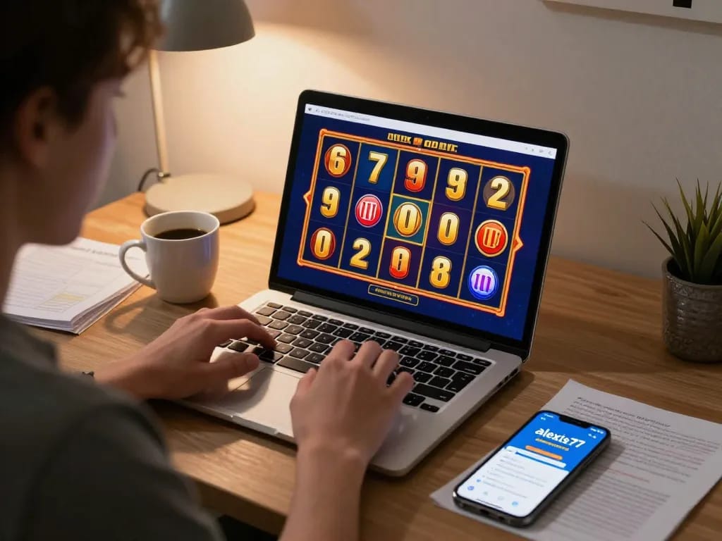 Player engaging in exciting slot games on alexis77 app on a laptop.