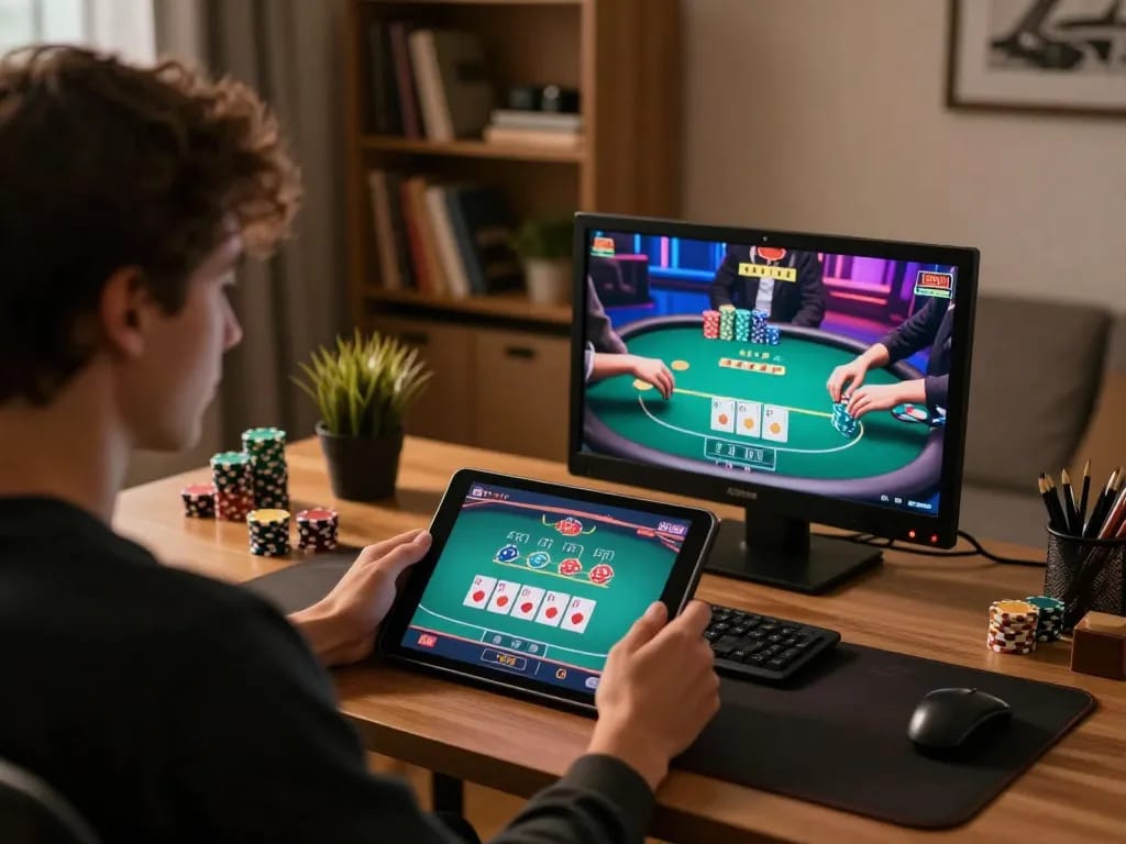 Engaged player at home casino table exploring manclub gaming app for strategic bets