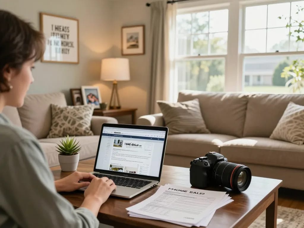 Homeowner preparing to sell house without realtor in a well-decorated living room with paperwork and a laptop.