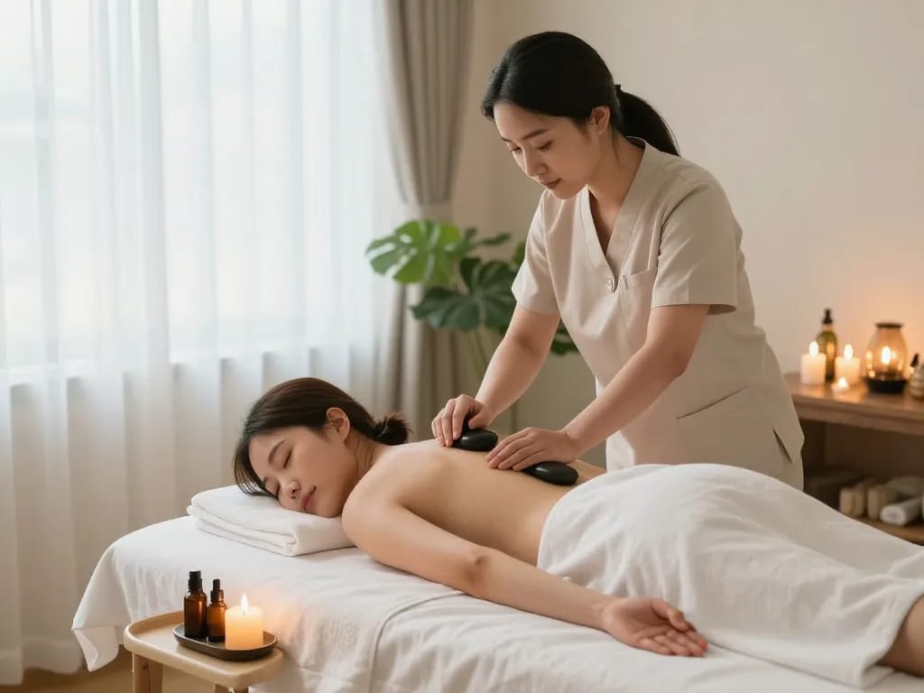Experiencing a soothing 논현동마사지 in a tranquil spa environment with calming candlelight and natural elements.