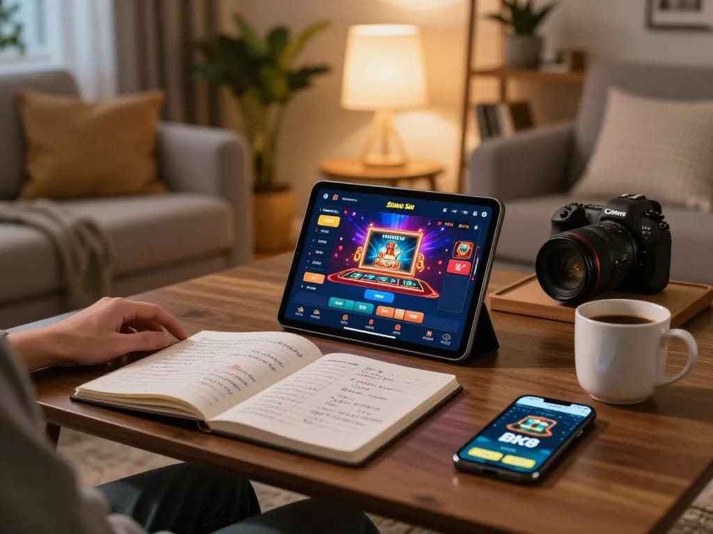 Engaged player using the BK8 app on a tablet at home for online gambling, showcasing a cozy gaming atmosphere.
