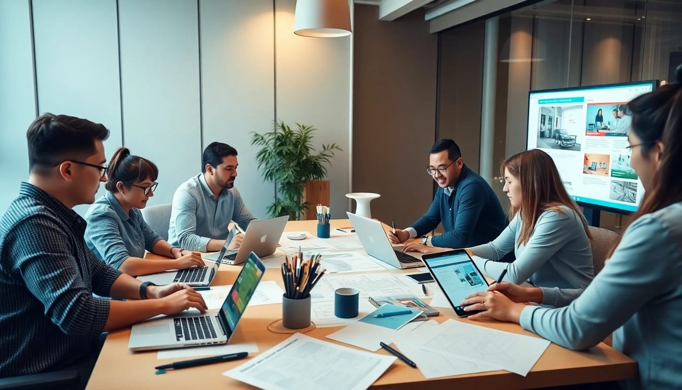 Professional team collaborating on thiết kế web in a modern office.