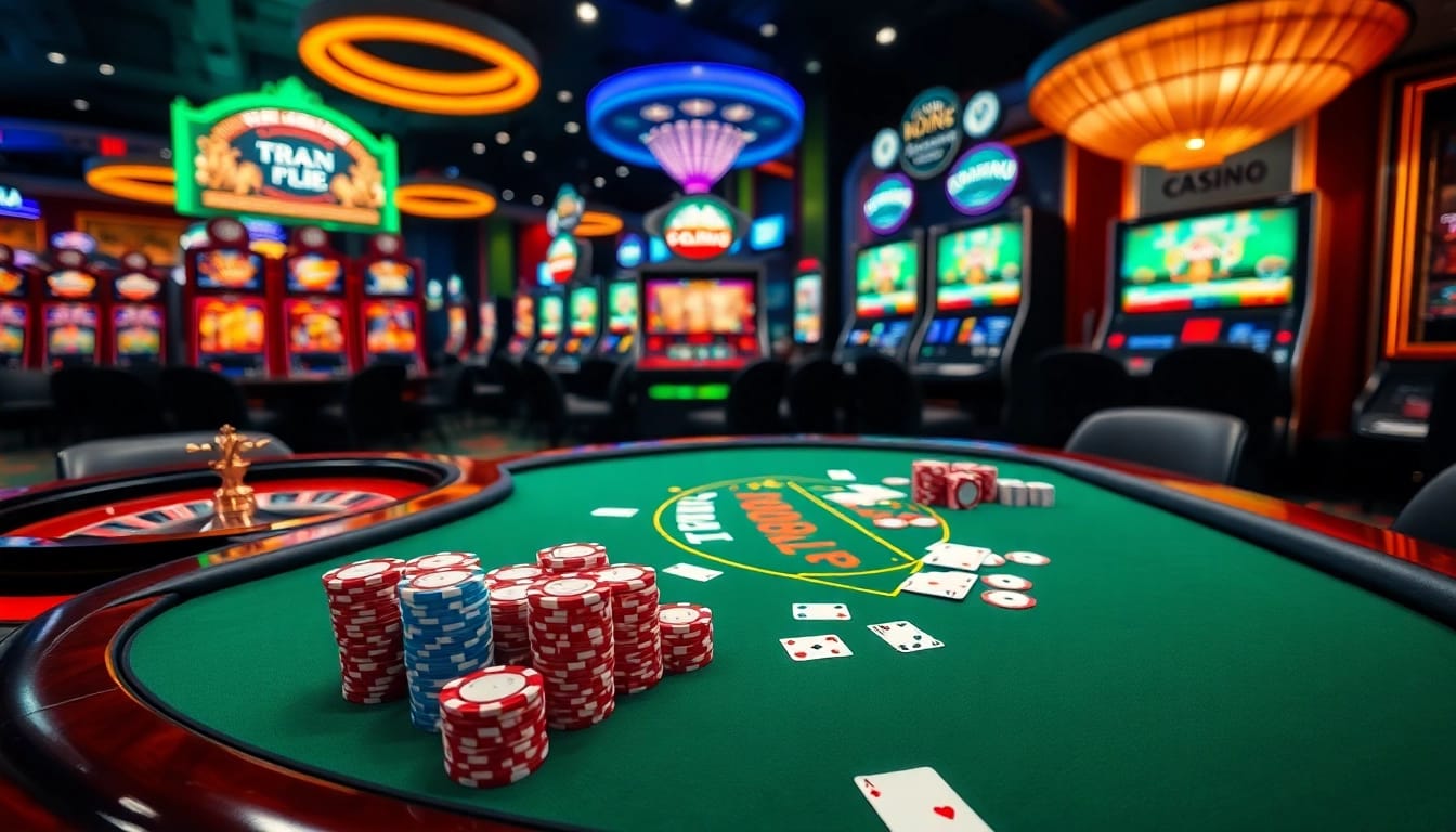 Rasakan sensasi idn play di kasino mewah dengan meja poker dan mesin permainan yang cerah.