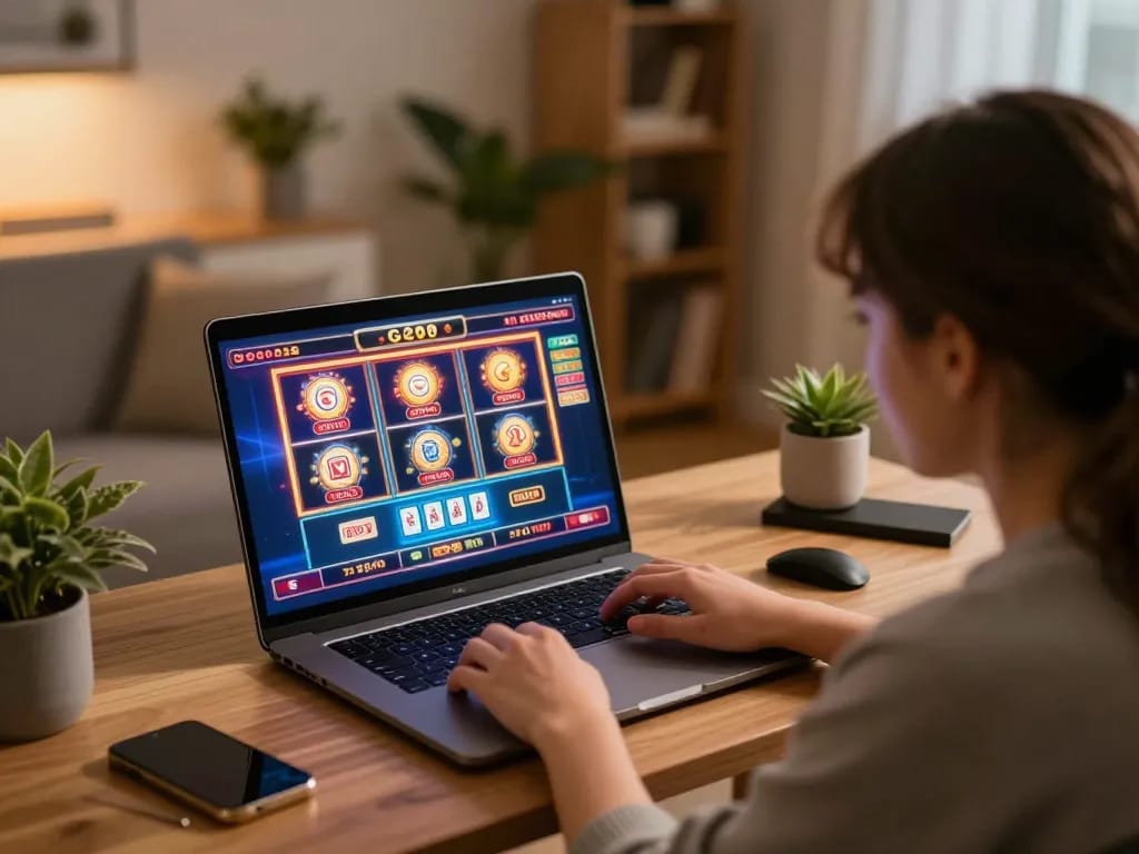 Player engaged with G28 online casino games on laptop in a cozy home setting