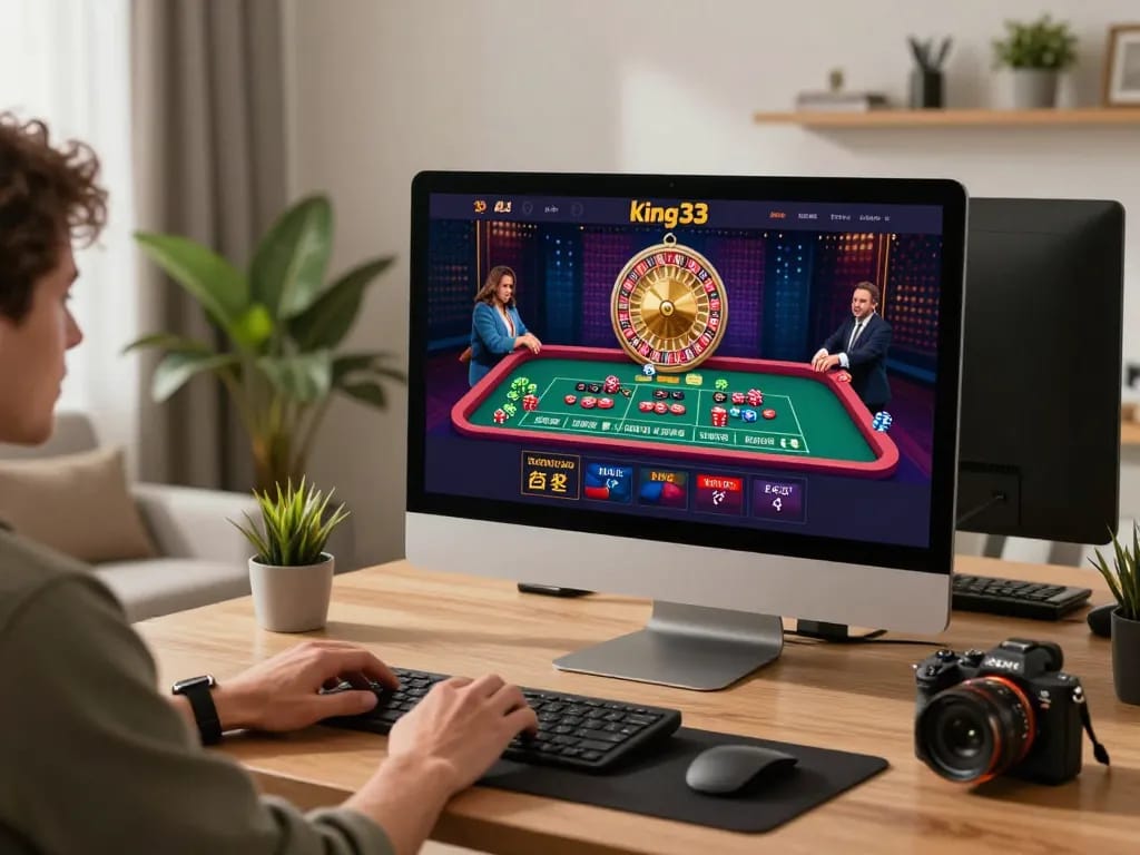 Player engaging with king33 online casino platform on a modern gaming setup at home.