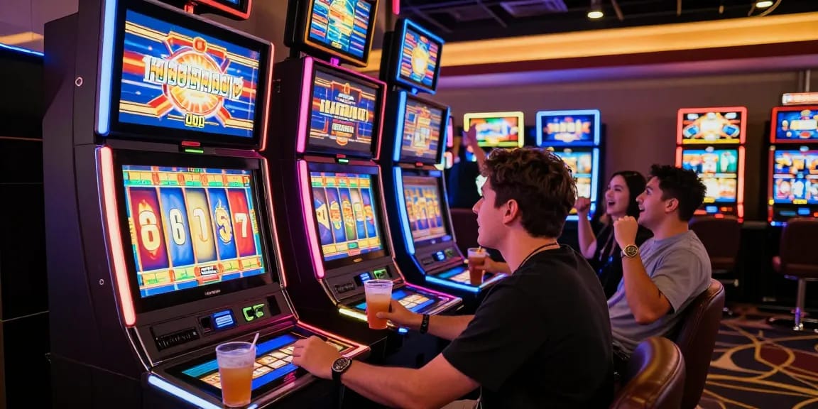 Player enjoying a pragmatic slot machine in a vibrant online casino setting with colorful lights and animated reels