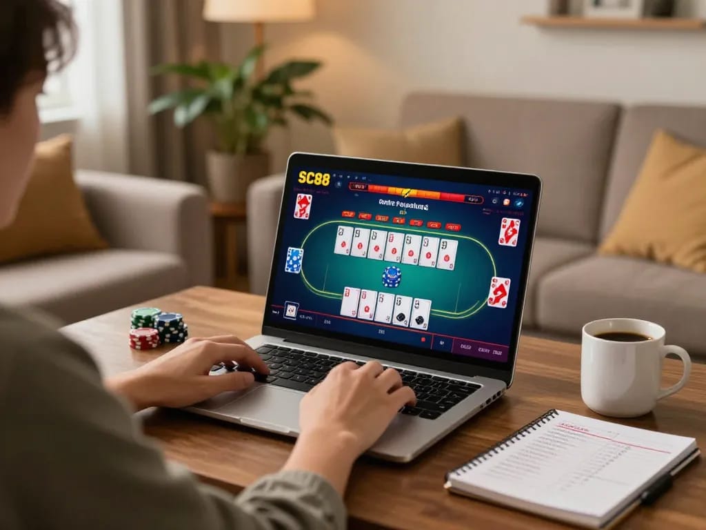 Engaging in online poker using SC88 on a laptop with betting strategies on display.