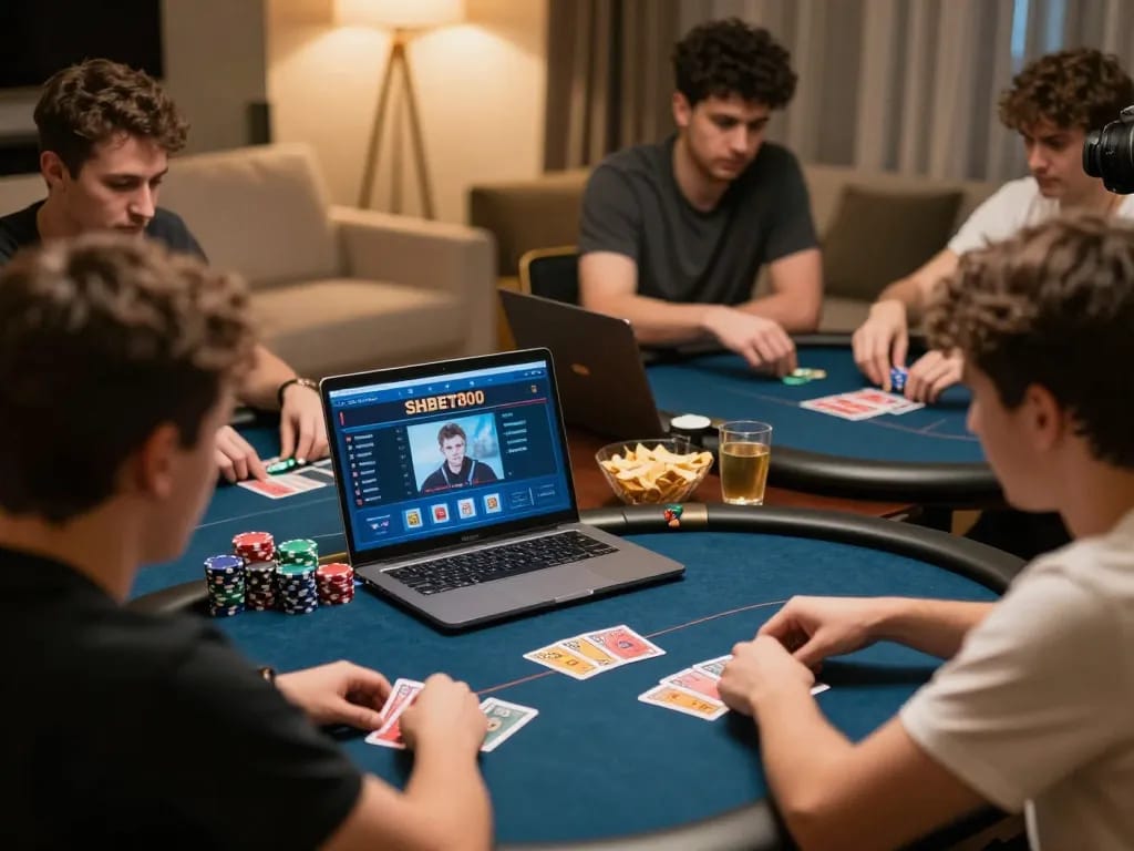 Engaged players competing in online poker at home using SHBET800 platform with visible gameplay elements