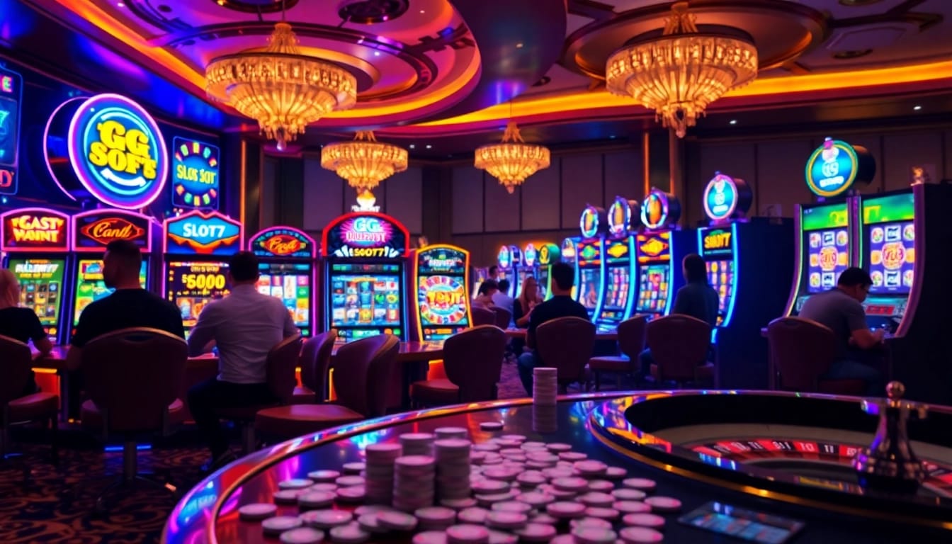Engaged players winning on the jamu slot games at a luxurious casino with vibrant decor.