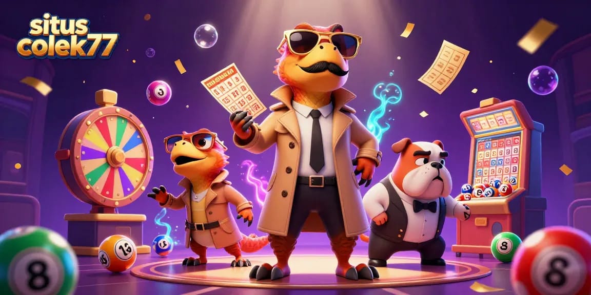 Situs colek77 players spinning vibrant lottery balls in a dynamic casino scene.