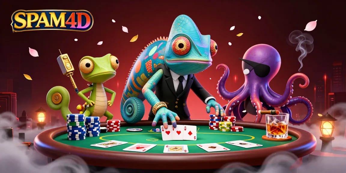 SPAM4D menunjukkan chameleon agen rahasia dan teman gecko, bermain poker dengan ceria.