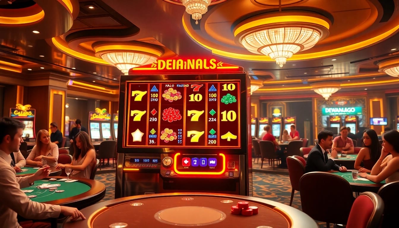 Berinteraksi dengan mesin slot DEWANAGA89 yang mendebarkan di kasino yang hidup penuh semangat.