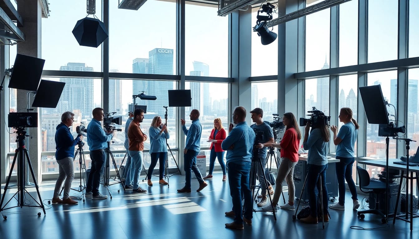 Creative video production edmonton team collaborating in urban studio setting.