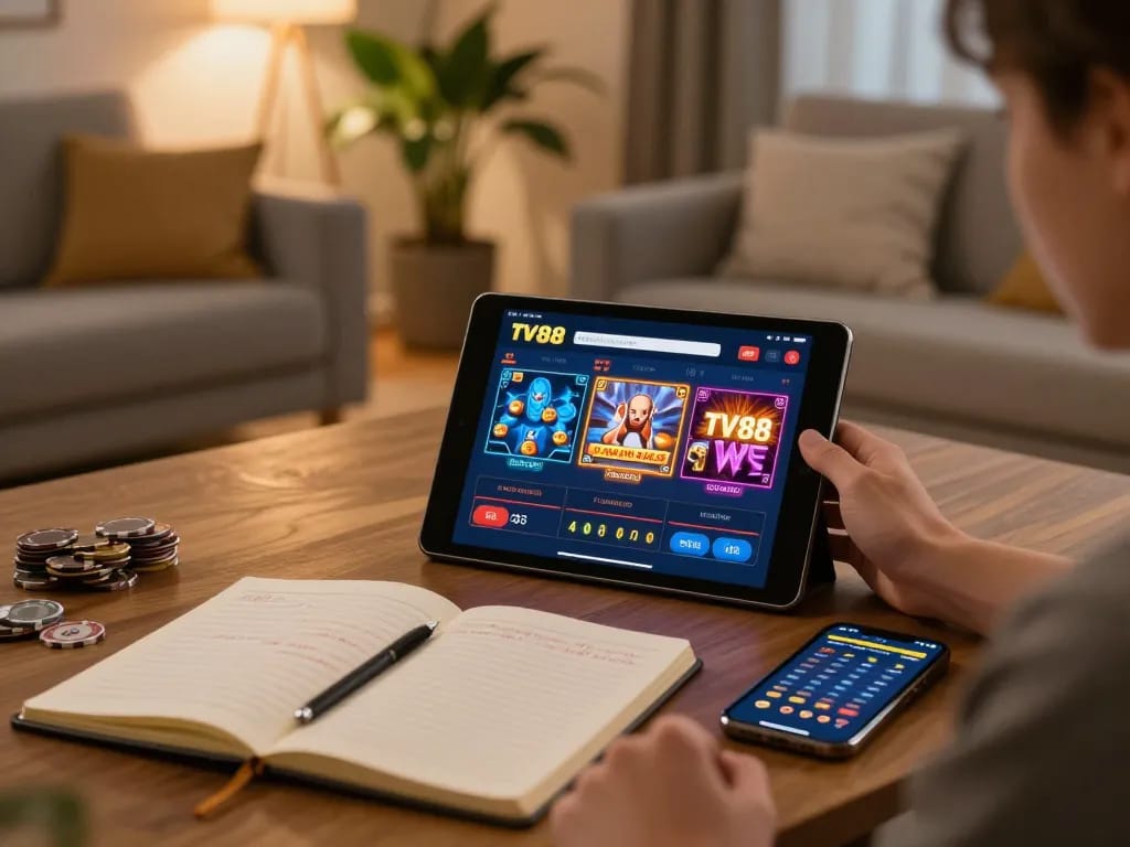 Player enjoying the TV88 casino app on a tablet in a cozy home environment, reflecting modern online gambling.