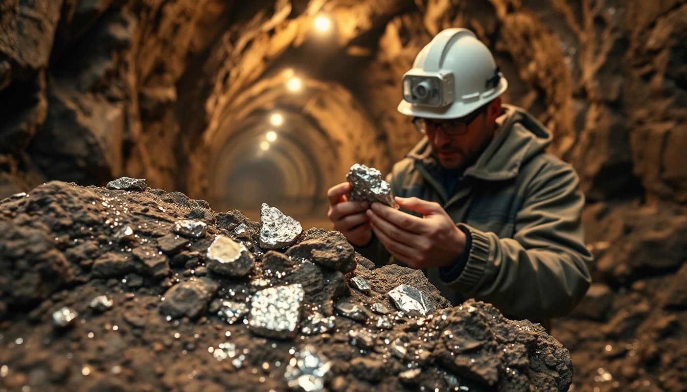 Examining minerals rhodium deposits in an underground mine showcasing shiny ore samples.